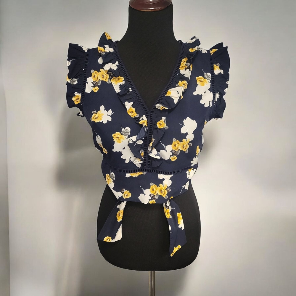 Floral Ruffle Wrap Top - Navy and Yellow